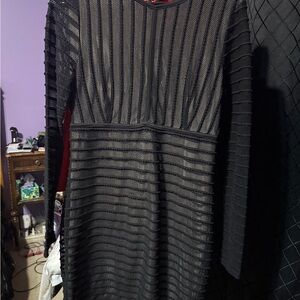 bebe Black Striped Mesh Long Sleeve Dress